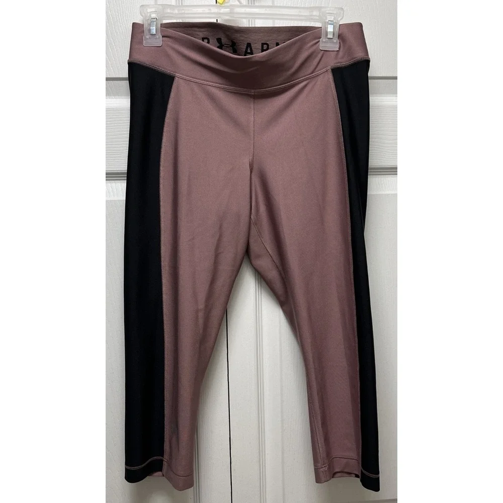 Under Armour Heat Gear Womens Compression Capri Leggings Pink And Black Strips L